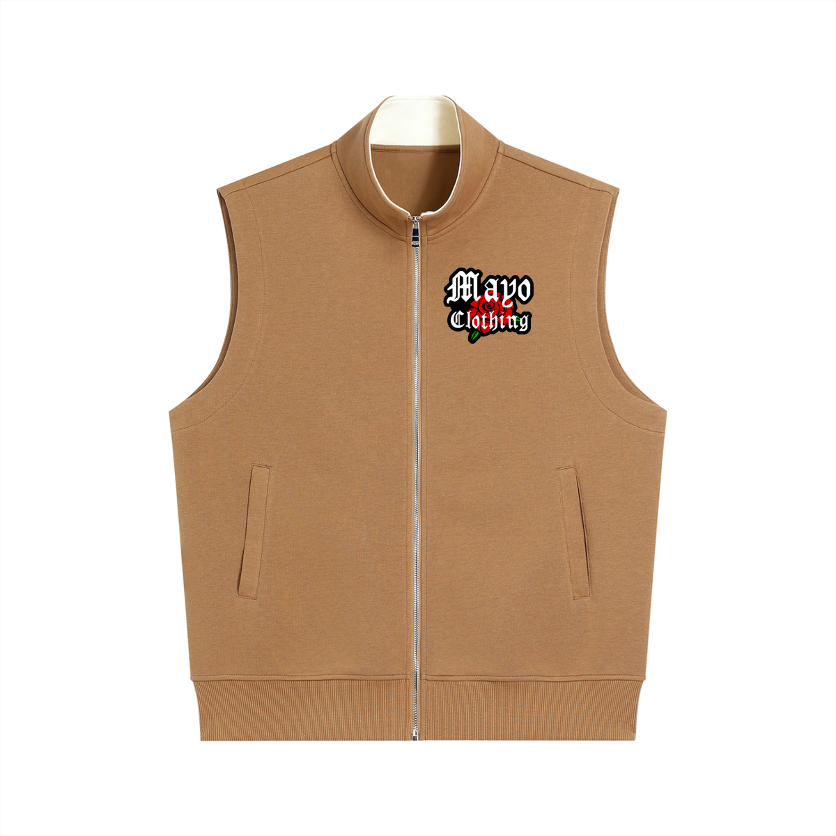 Brown sleeveless jacket with a zipper and 'Mayo Clothing' logo on a white background