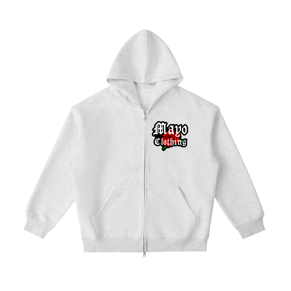 Ash hoodie with 'Mayo Clothing' logo on a white background