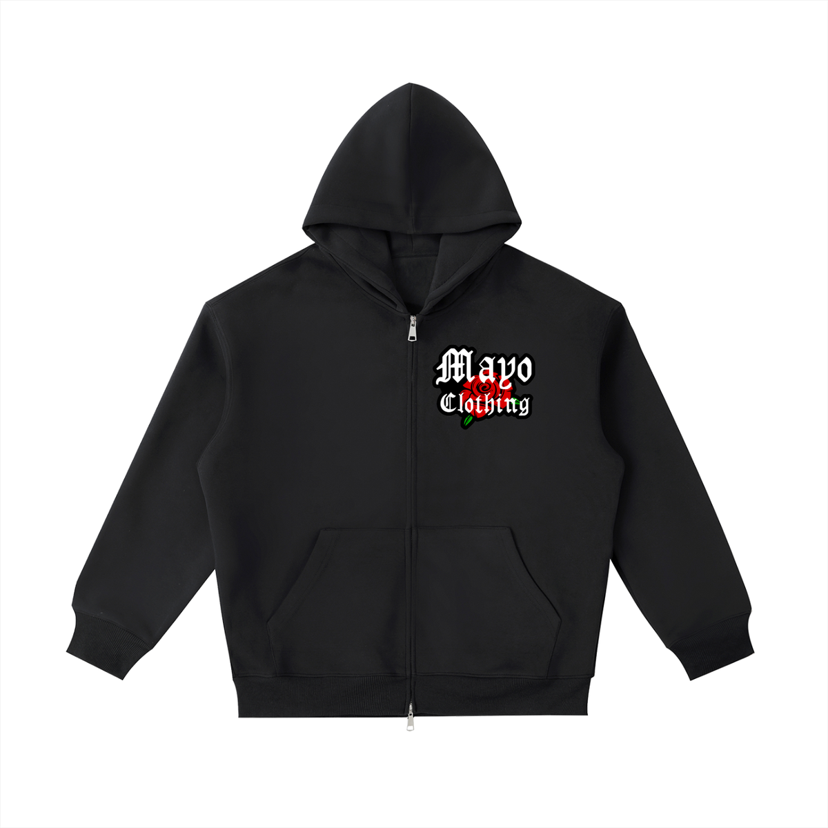 Black hoodie with 'Mayo Clothing' logo on a white background