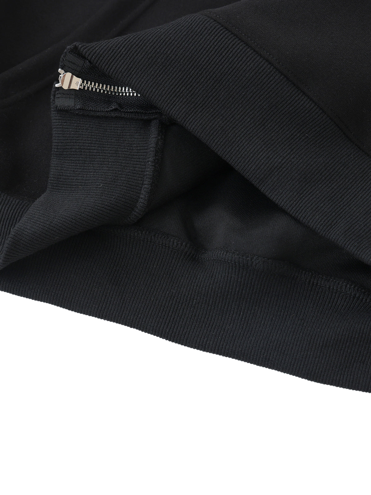 Close-up of a black garment with a zipper detail on a white background