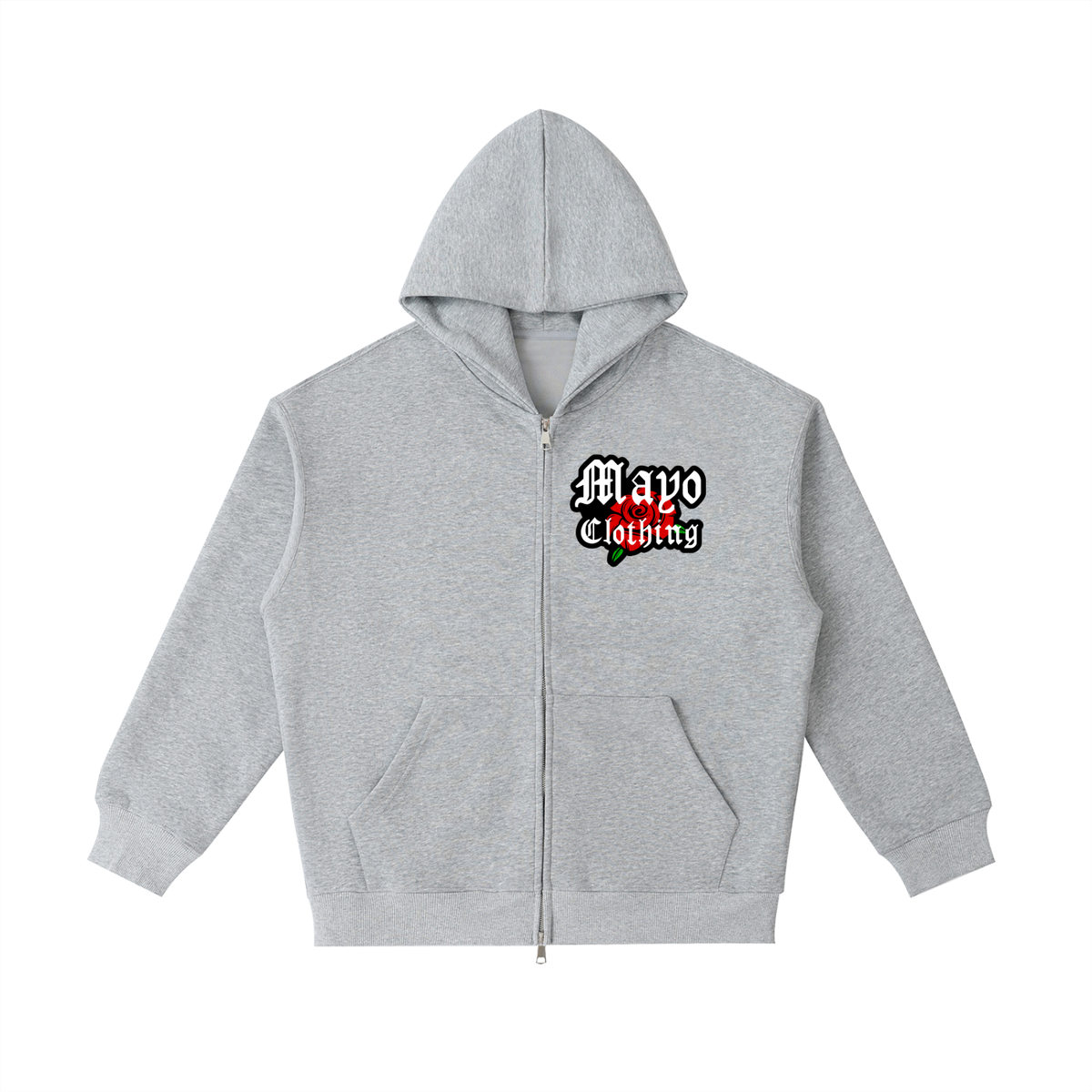 Gray hoodie with a logo on the chest against a white background