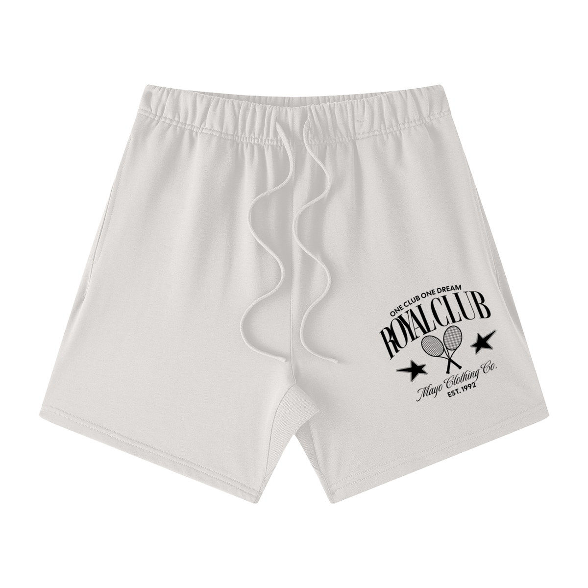 Gray shorts with a black logo on a white background