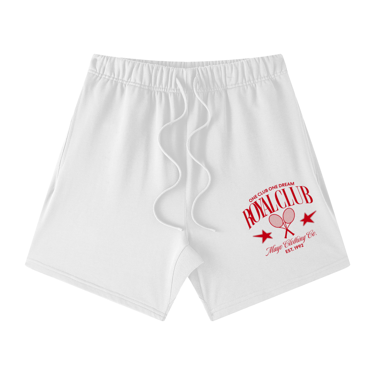 White shorts with red text and graphics on a white background
