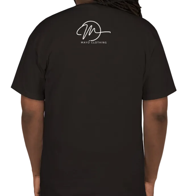 Black t-shirt with Mayo Clothing logo on the back worn by a person, against a plain background