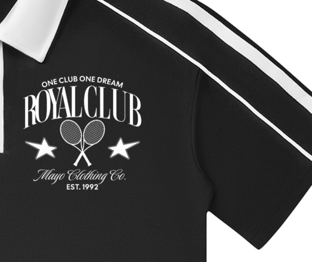 Black shirt with white text and graphics on a white background