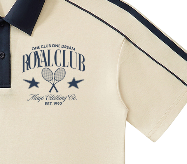 Tan polo shirt with 'Royal Club' logo and text on a white background