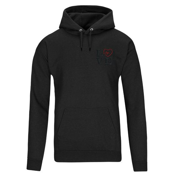 Black hoodie with a front kangaroo pocket and a small red and black logo on the upper left side