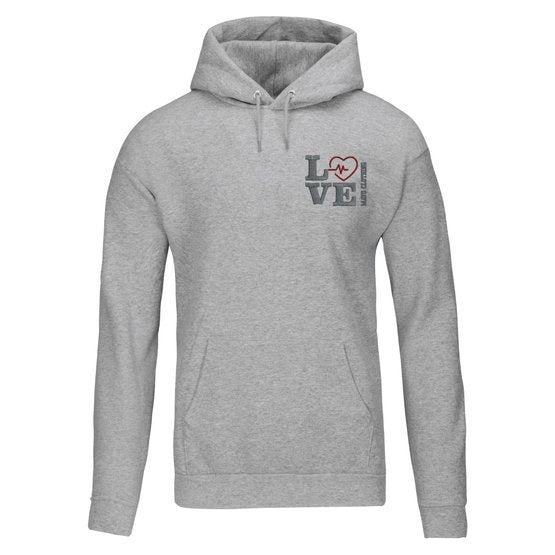 A gray hoodie with 'LOVE' embroidered on the left chest area above a kangaroo pocket.