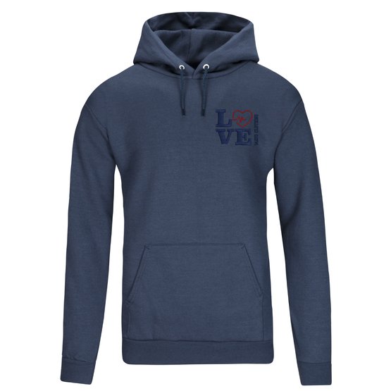 Navy blue hoodie with a hood and a front kangaroo pocket, featuring a blue heart and text design on the chest.