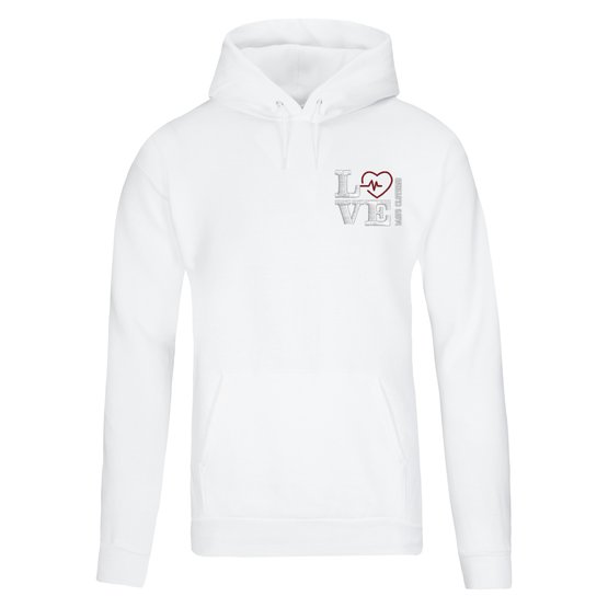White hoodie with a heart symbol and the text 'LOVE' on the left chest area, with a kangaroo pocket.