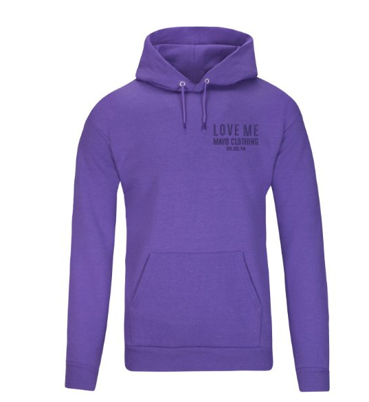 MC LOVE ME PURPLE HOODIE with 01.13.14 embroidery on the front.